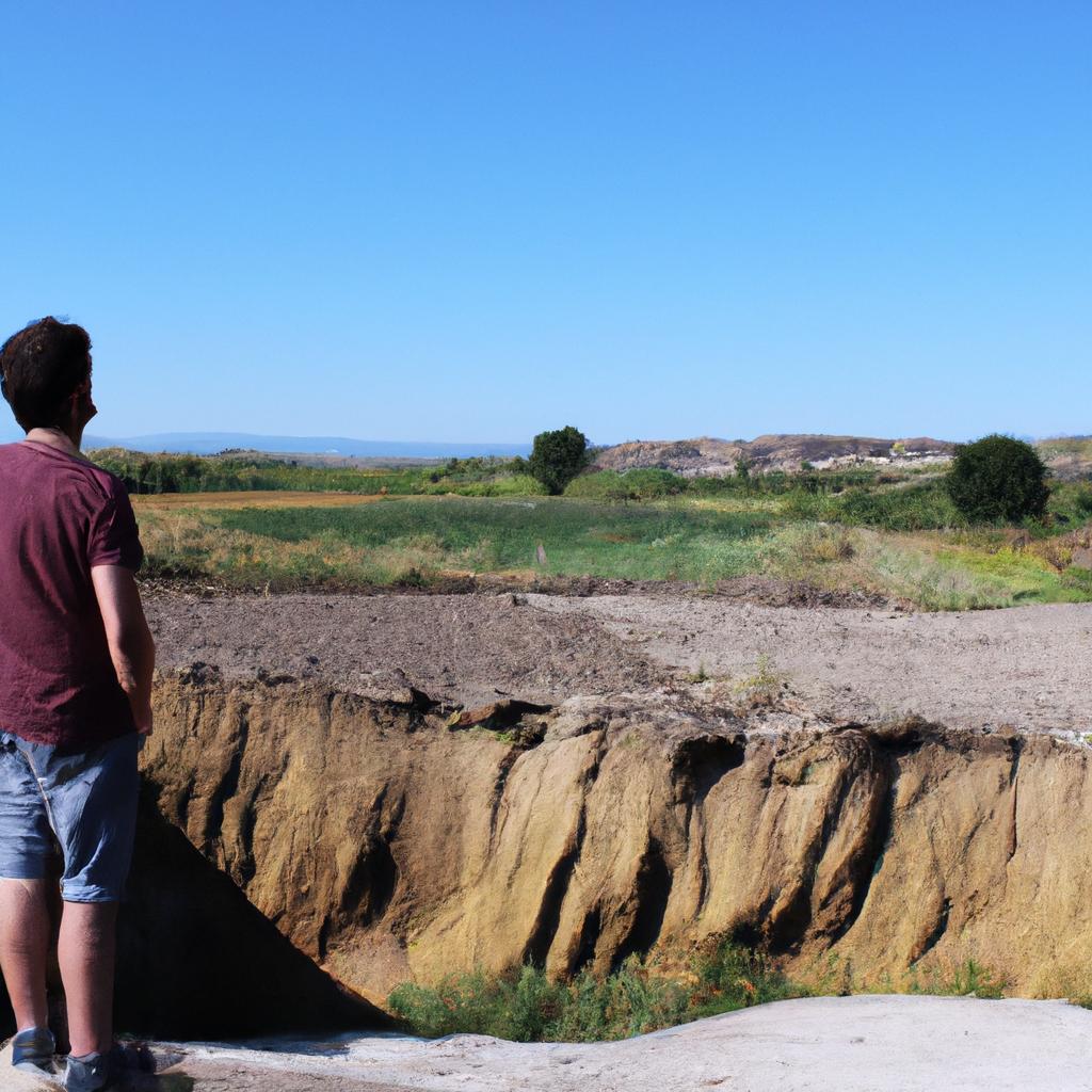Person observing eroded farmland