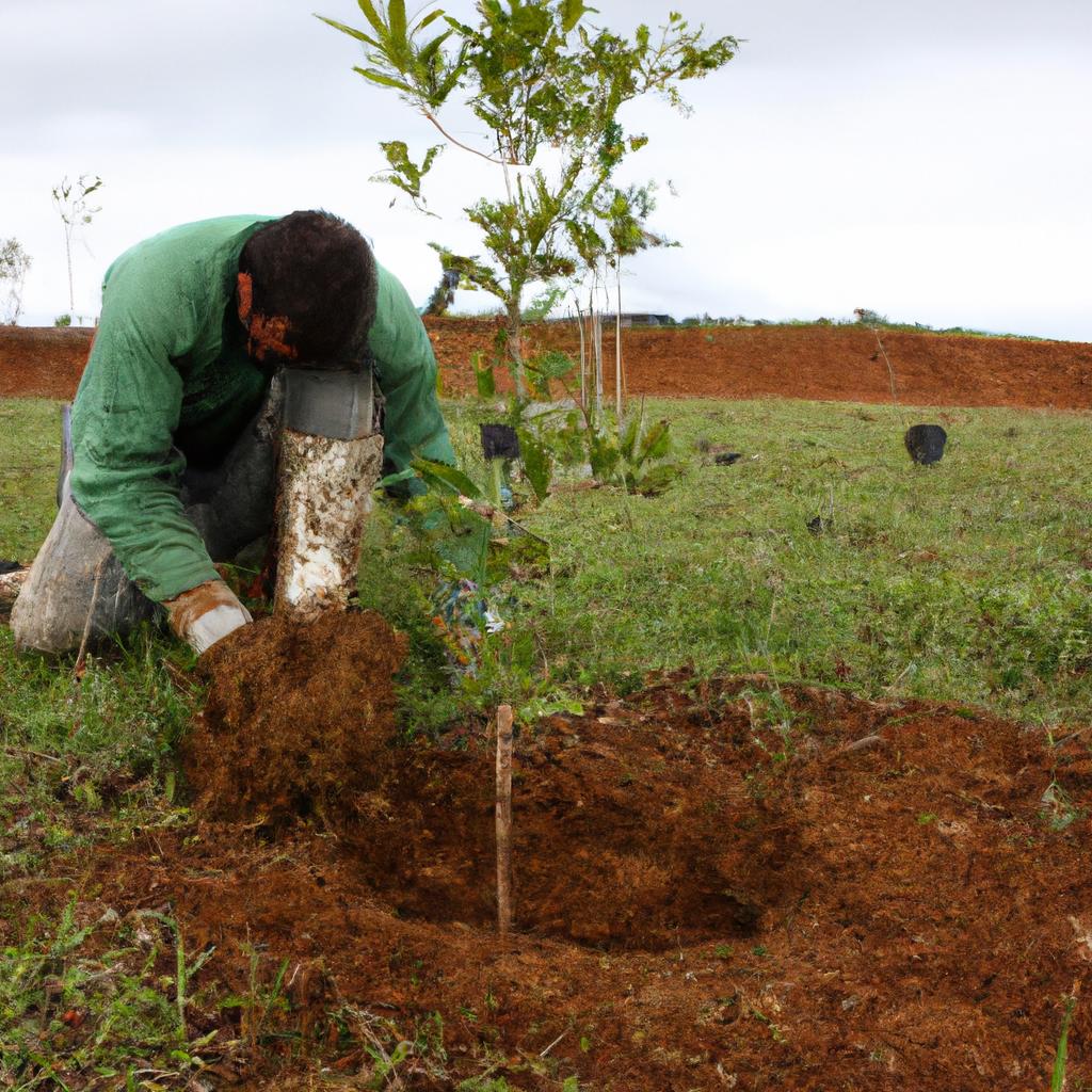 Person planting trees in field