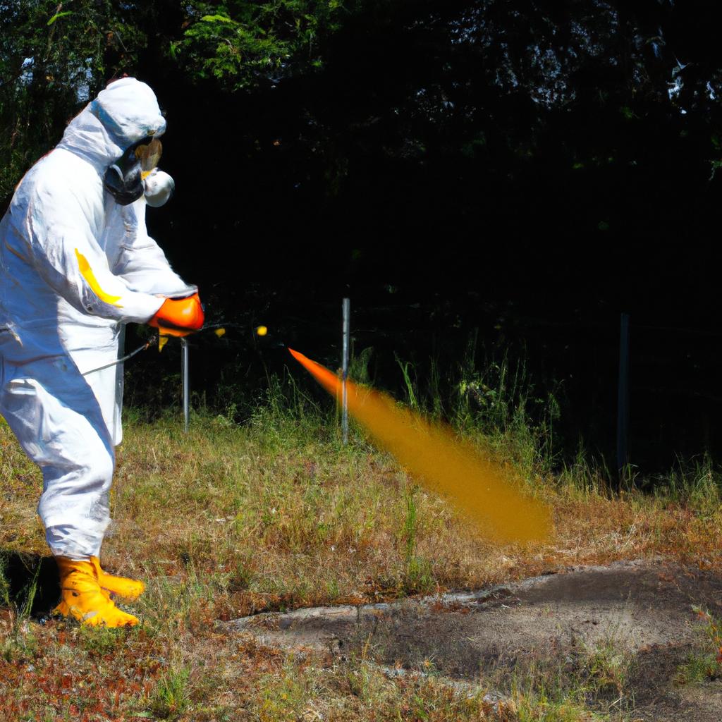 Person wearing protective clothing spraying